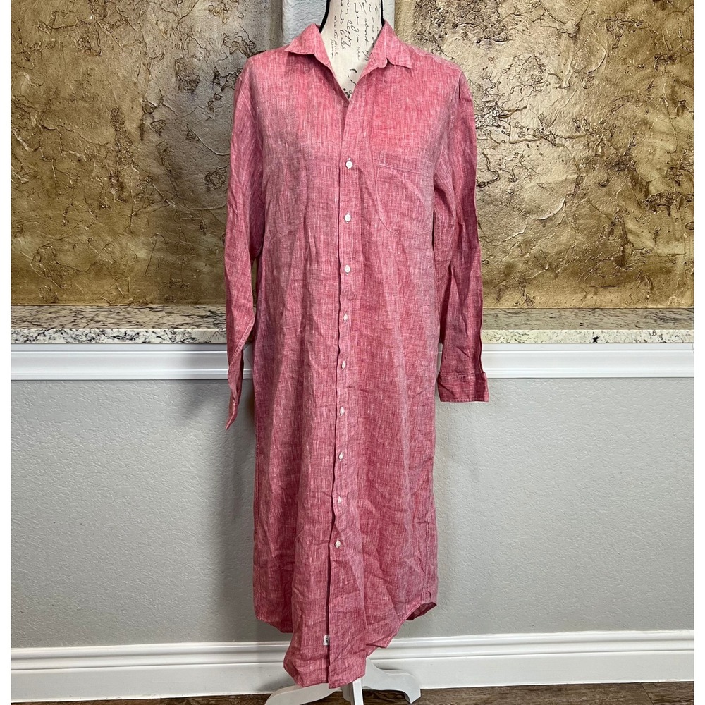 Frank Eileen Rory Maxi Dress Medium Red Linen Button Front Long Sleeve Lagenlook - Picture 2 of 12